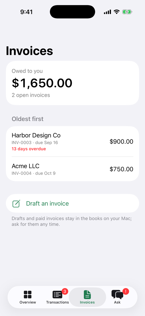 Saybooks on iPhone: invoices owed, oldest first, one overdue