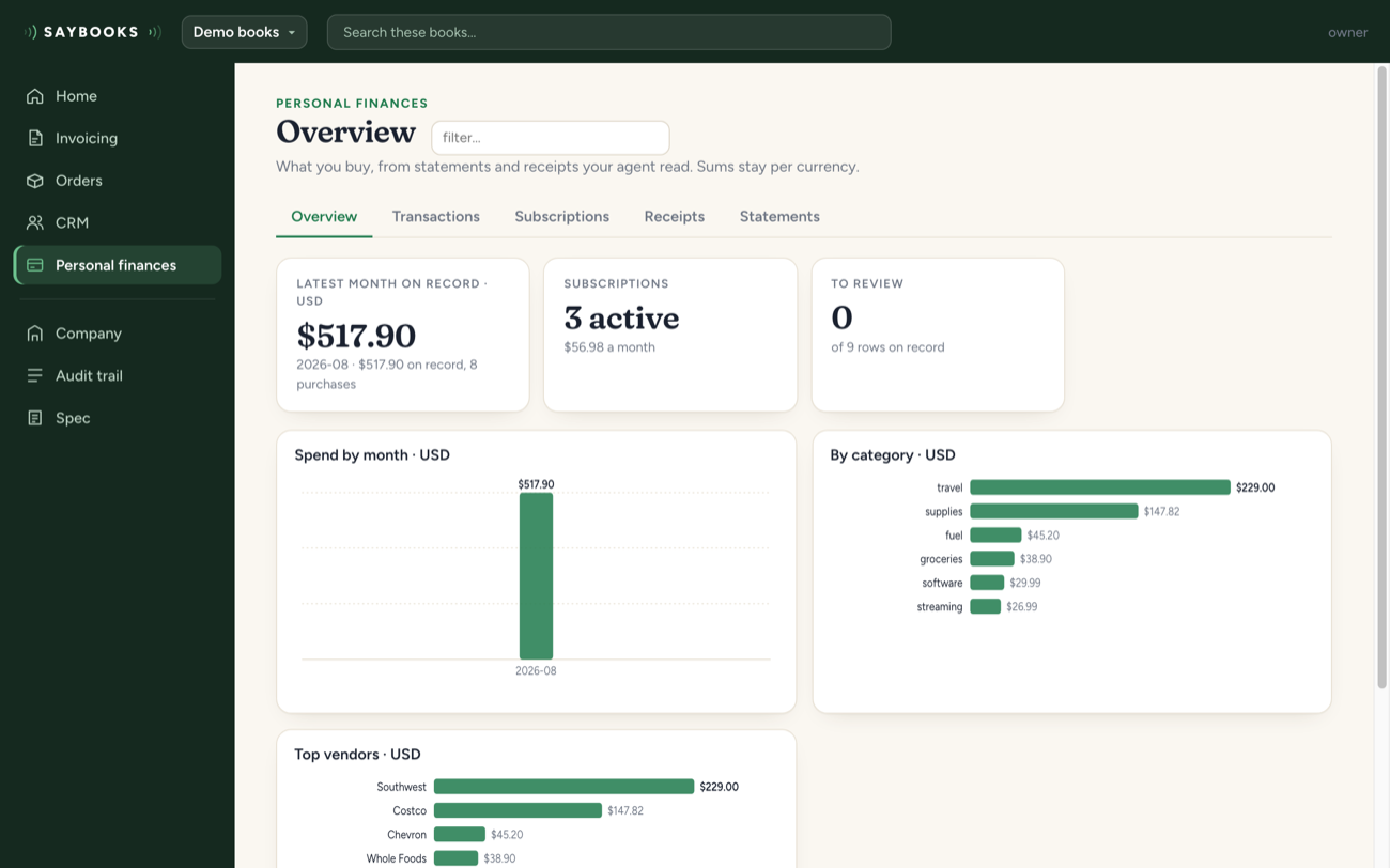 Saybooks in the browser: the personal finances overview of the demo books